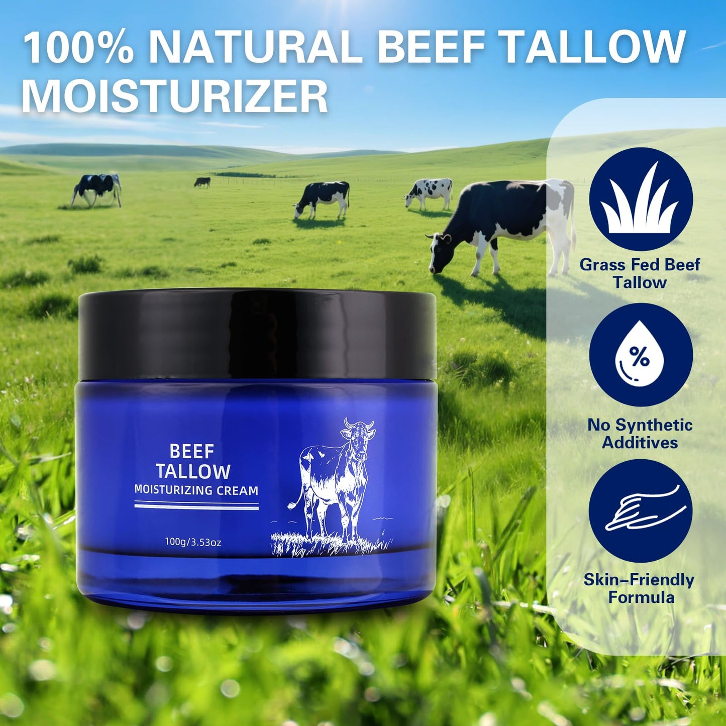 Beef Tallow for Skin, Whipped Organic Grass-Fed Beef Tallow Cream for Face & Body, Tallow Face Moisturizer, For Dry Skin