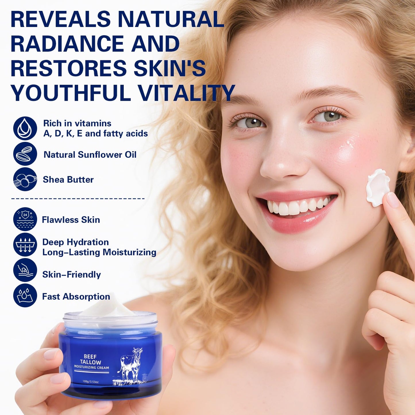 Beef Tallow for Skin, Whipped Organic Grass-Fed Beef Tallow Cream for Face & Body, Tallow Face Moisturizer, For Dry Skin