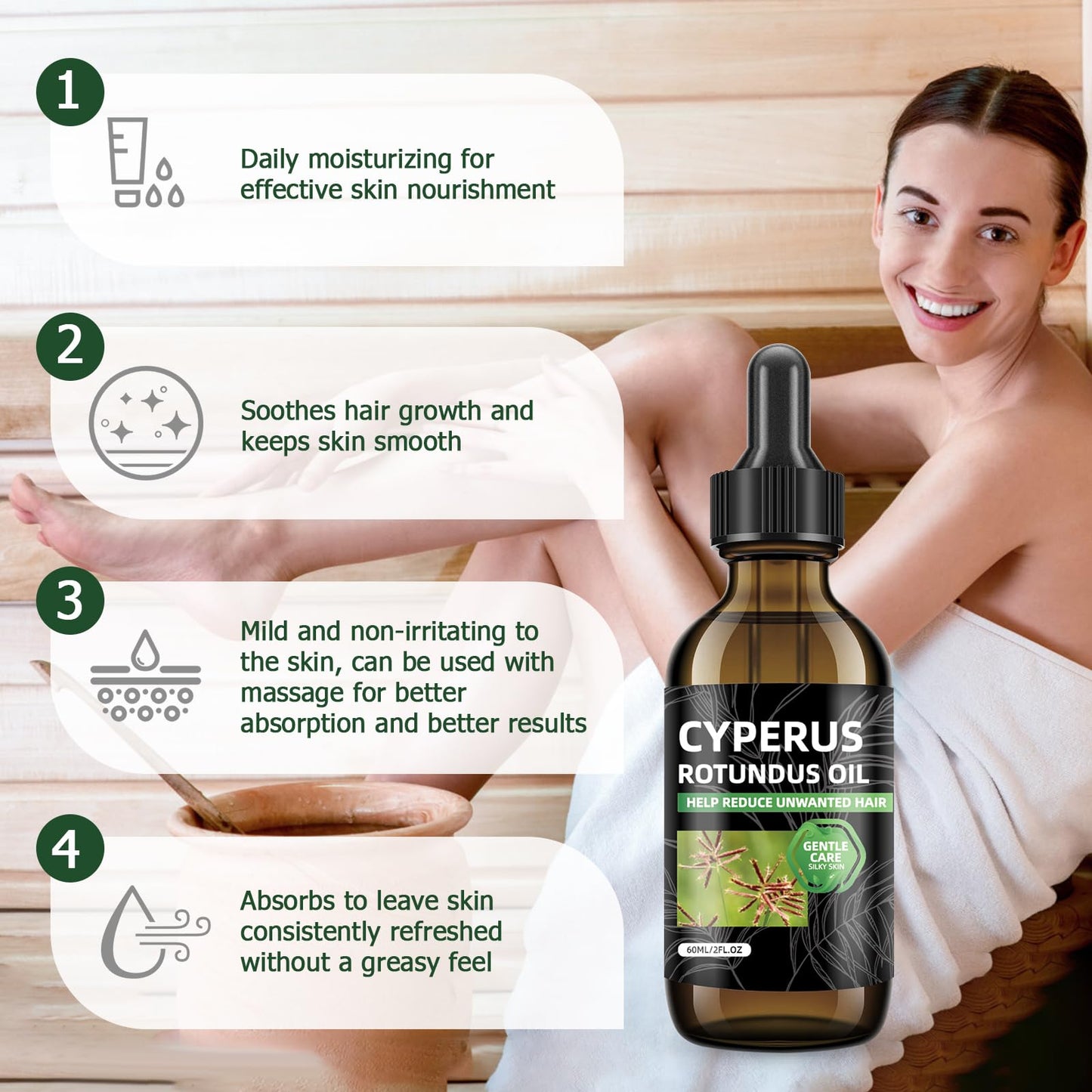 Cyperus Rotundus Oil for Hair Removal, Natural Cyperus Rotundus Oil to Reduce Unwanted Hair Growth, Soothing & Moisturizing, Shrinks Pores, Smooth Skin Care, Suitable for All Skin Types, 2 fl Oz 60ml