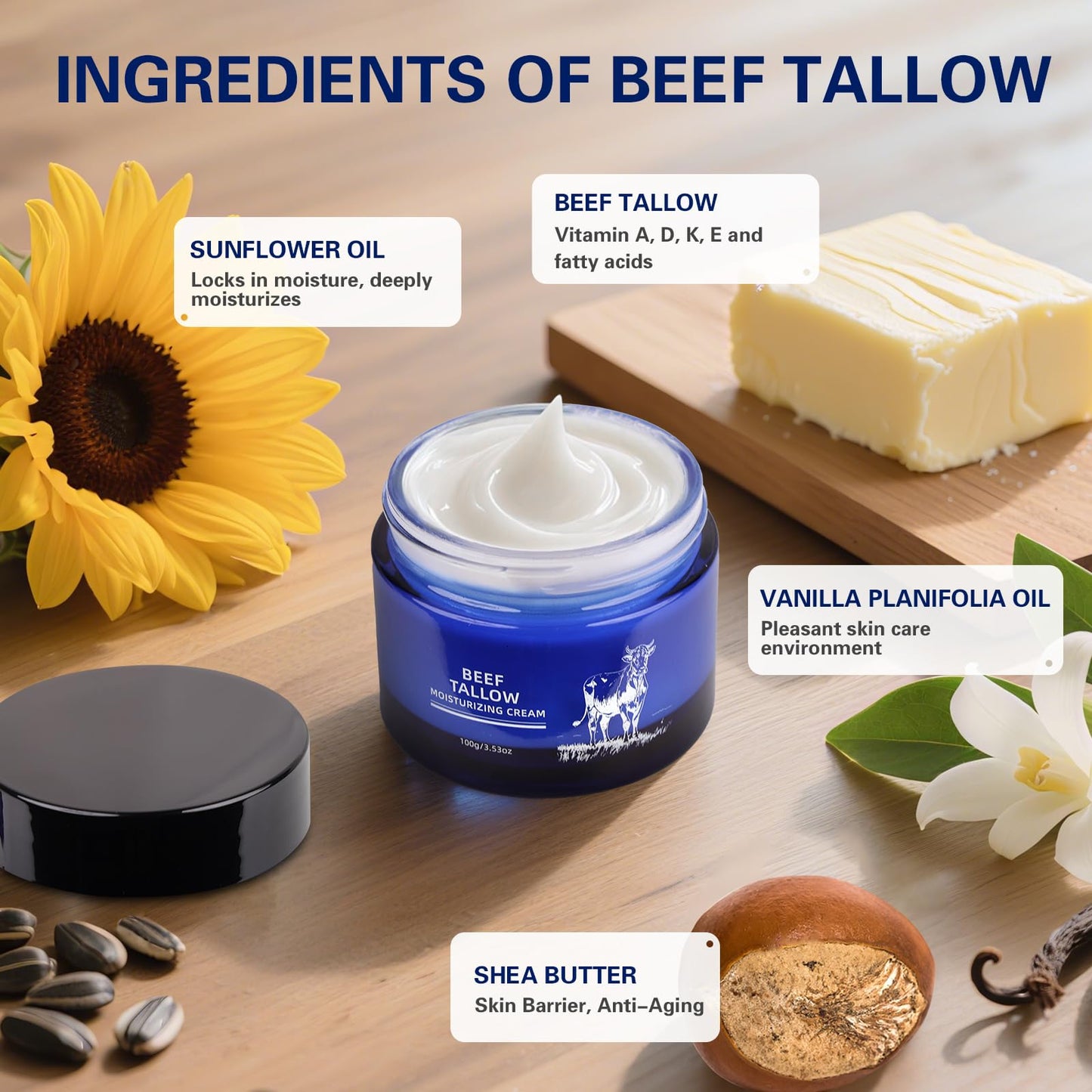 Beef Tallow for Skin, Whipped Organic Grass-Fed Beef Tallow Cream for Face & Body, Tallow Face Moisturizer, For Dry Skin