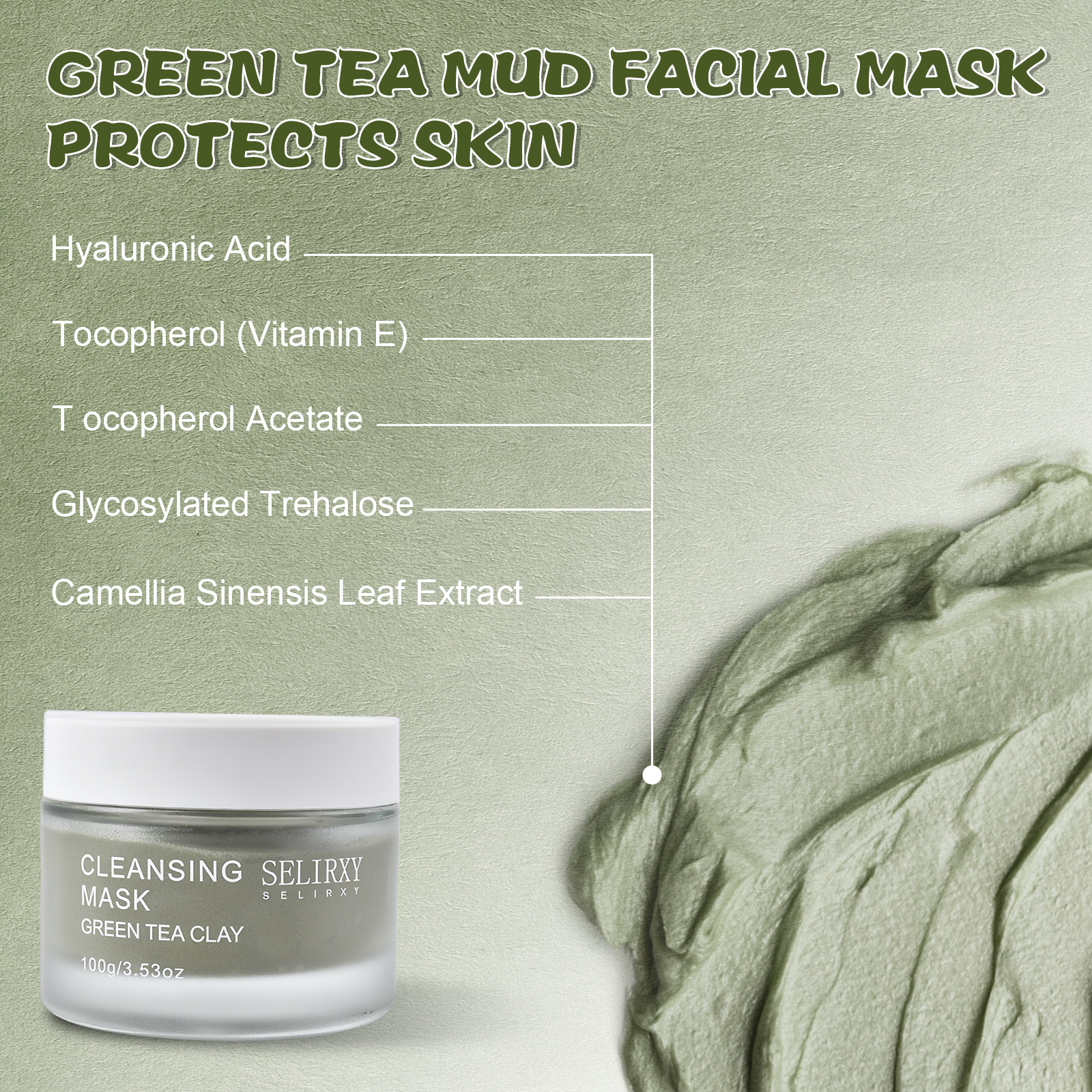 Selirxy Green Tea Clay Mask – Gentle Hydration & Skin Repair, Vegan & Suitable for All Skin Types
