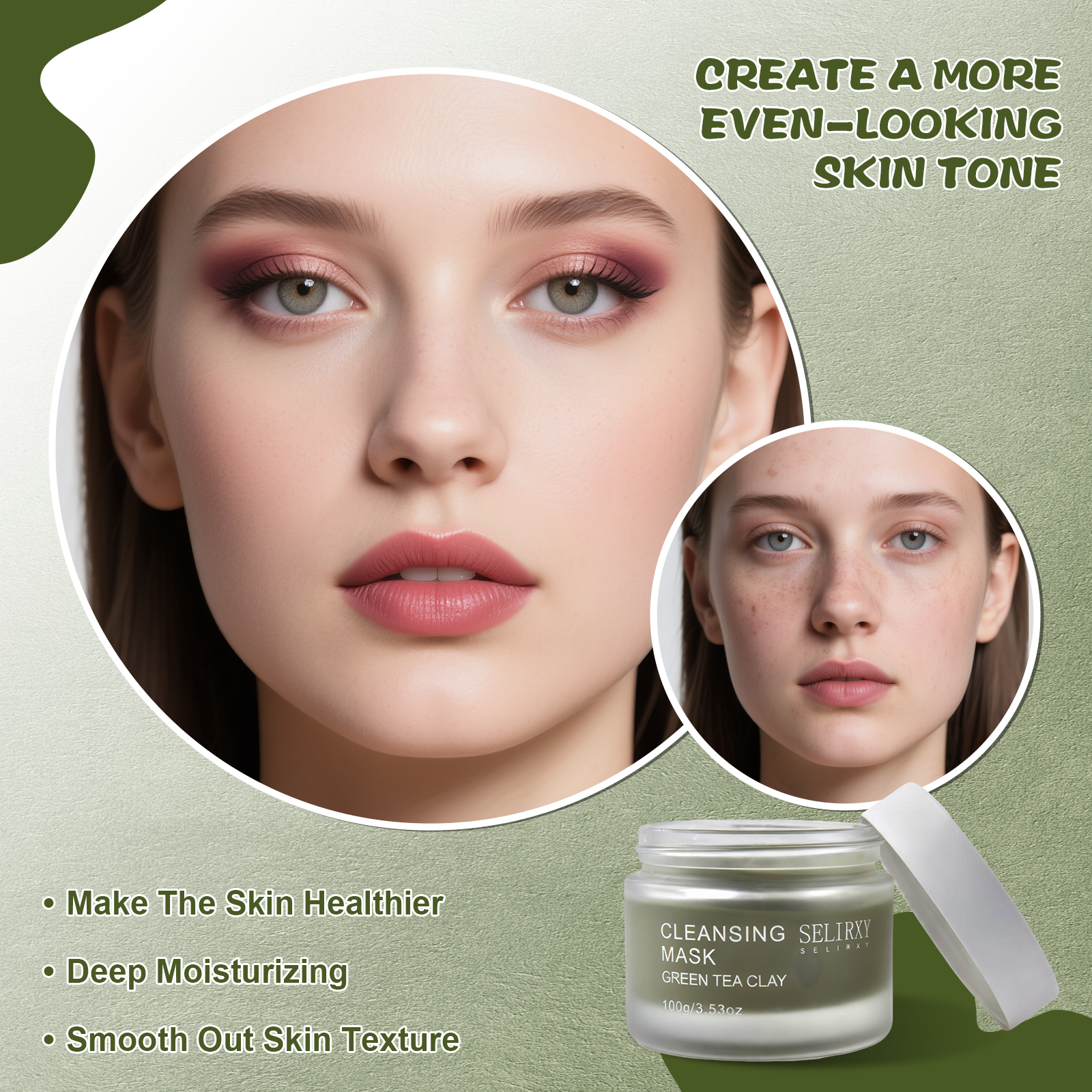 Selirxy Green Tea Clay Mask – Gentle Hydration & Skin Repair, Vegan & Suitable for All Skin Types