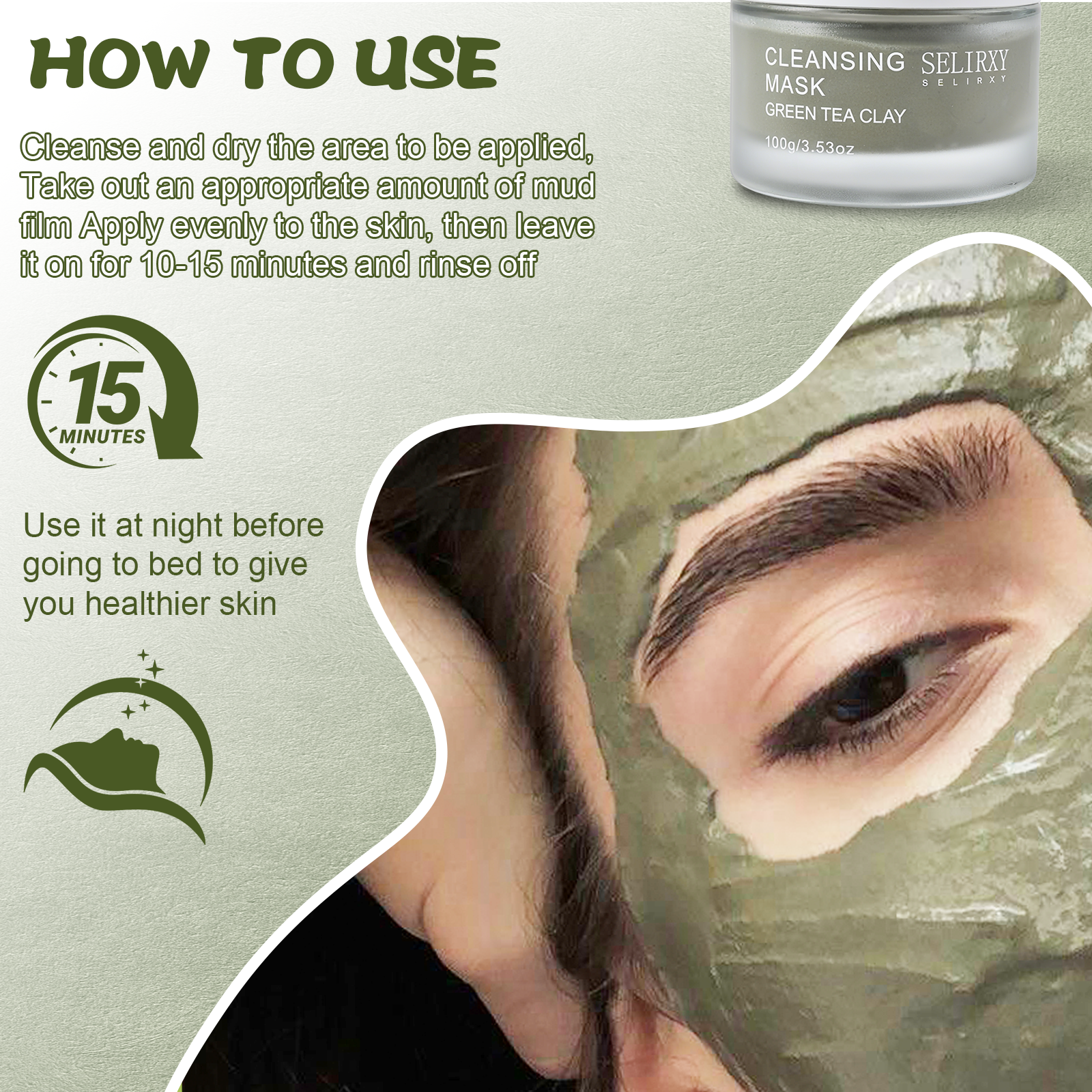 Selirxy Green Tea Clay Mask – Gentle Hydration & Skin Repair, Vegan & Suitable for All Skin Types