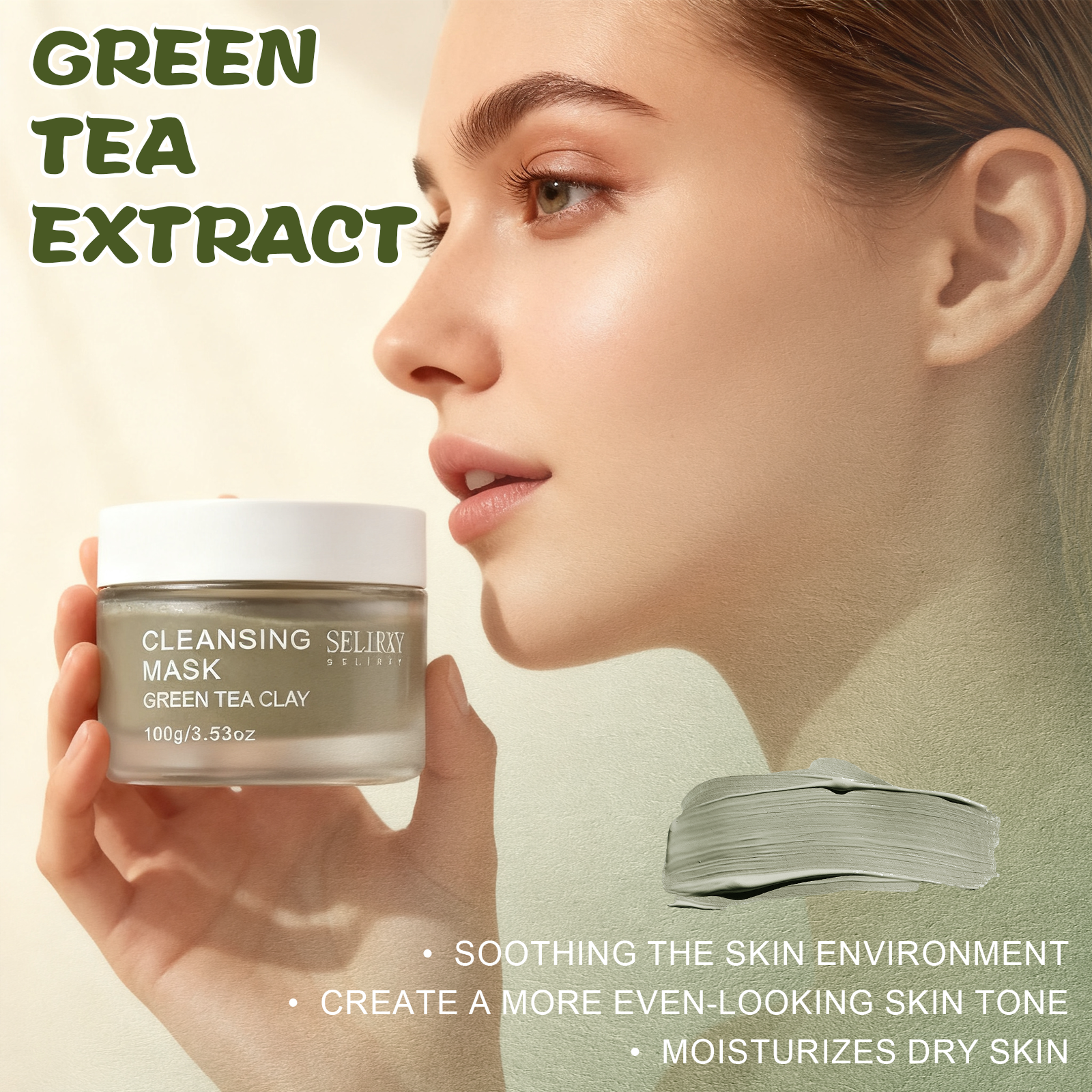 Selirxy Green Tea Clay Mask – Gentle Hydration & Skin Repair, Vegan & Suitable for All Skin Types